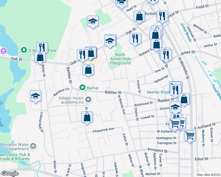 map of restaurants, bars, coffee shops, grocery stores, and more near 95 Battles Farm Dr in Brockton