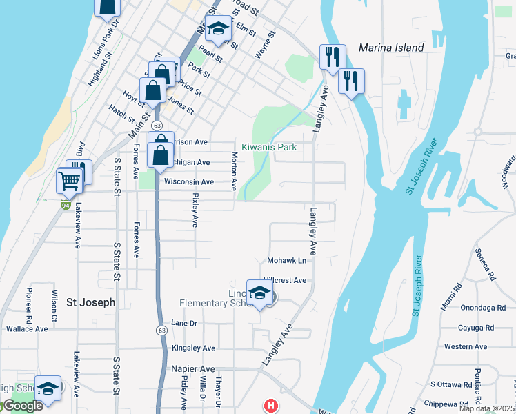 map of restaurants, bars, coffee shops, grocery stores, and more near 1200 Wolcott Avenue in Saint Joseph