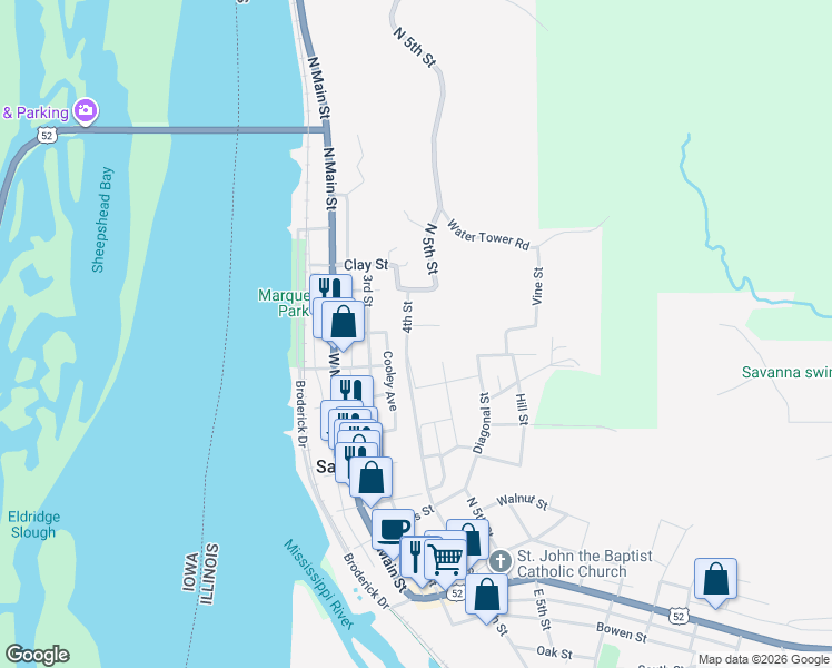 map of restaurants, bars, coffee shops, grocery stores, and more near 800 North 4th Street in Savanna