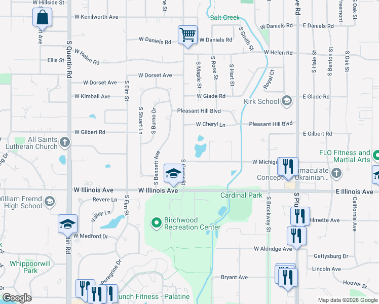 map of restaurants, bars, coffee shops, grocery stores, and more near 615 South Cedar Street in Palatine