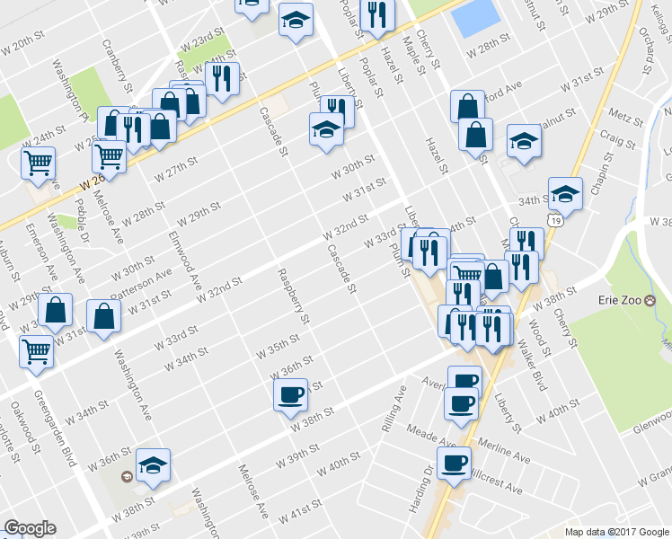 map of restaurants, bars, coffee shops, grocery stores, and more near 3308 Cascade Street in Erie