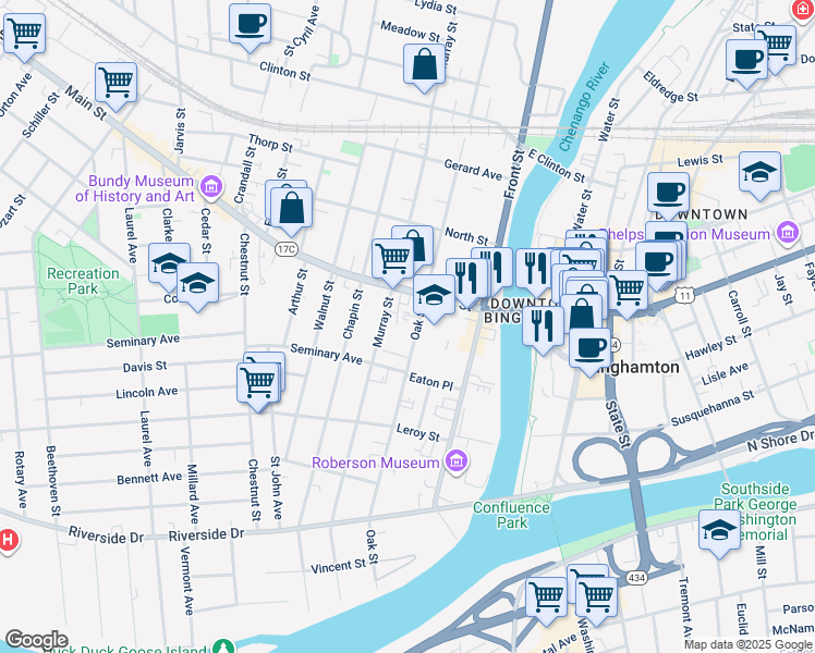 map of restaurants, bars, coffee shops, grocery stores, and more near 101 Oak Street in Binghamton