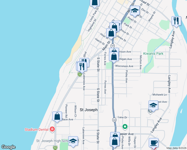 map of restaurants, bars, coffee shops, grocery stores, and more near 543 Winchester Avenue in St. Joseph