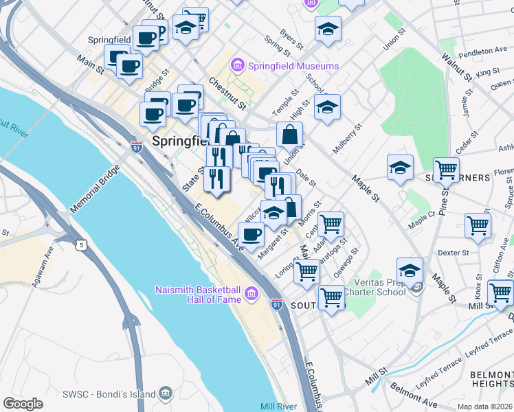 map of restaurants, bars, coffee shops, grocery stores, and more near 24-28 Wilcox Street in Springfield