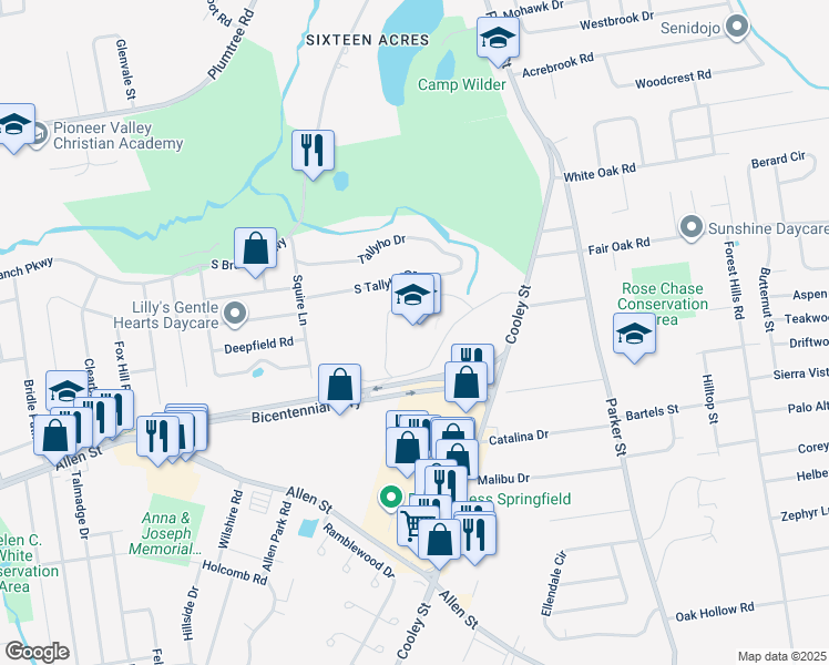 map of restaurants, bars, coffee shops, grocery stores, and more near 180 Cooley Street in Springfield