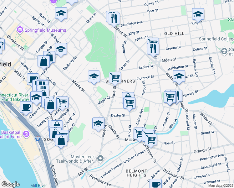 map of restaurants, bars, coffee shops, grocery stores, and more near 267 Central Street in Springfield