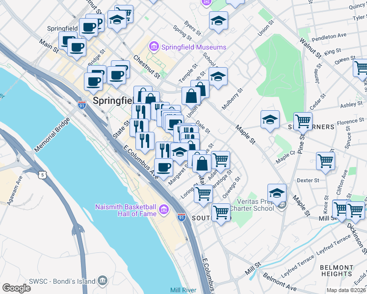 map of restaurants, bars, coffee shops, grocery stores, and more near 14 Hubbard Avenue in Springfield