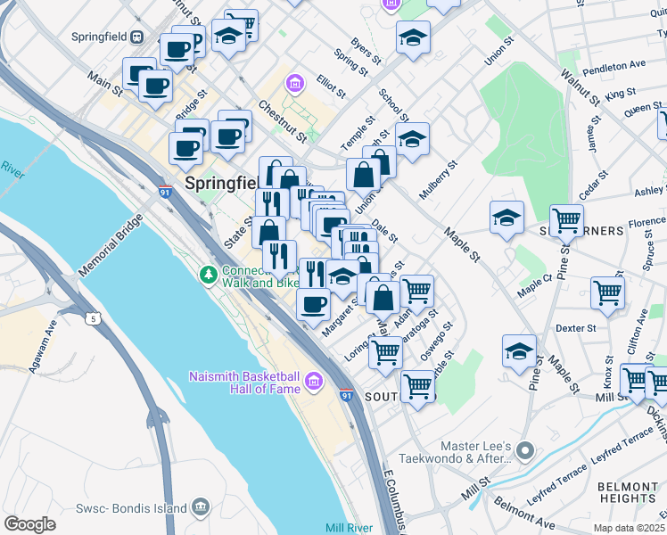 map of restaurants, bars, coffee shops, grocery stores, and more near 14 Hubbard Avenue in Springfield