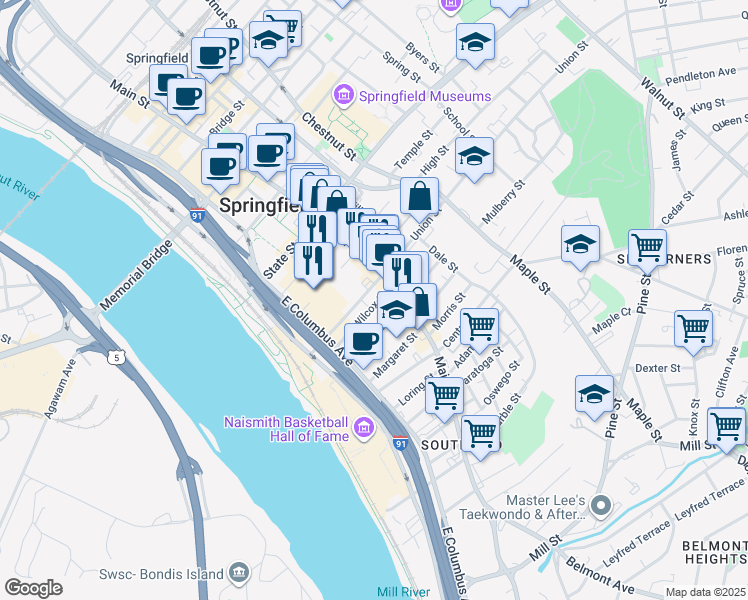 map of restaurants, bars, coffee shops, grocery stores, and more near 1028 Main Street in Springfield