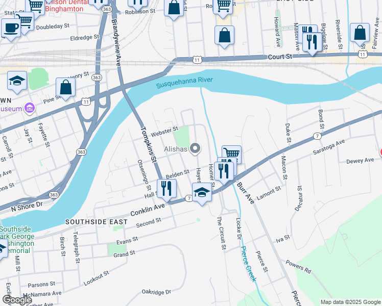 map of restaurants, bars, coffee shops, grocery stores, and more near 95 Jackson Street in Binghamton