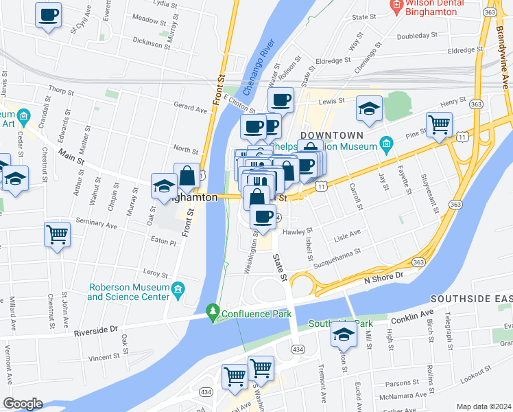 map of restaurants, bars, coffee shops, grocery stores, and more near 47 Court Street in Binghamton