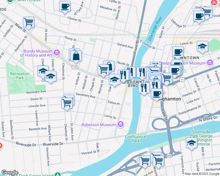 map of restaurants, bars, coffee shops, grocery stores, and more near 41 Main Street in Binghamton