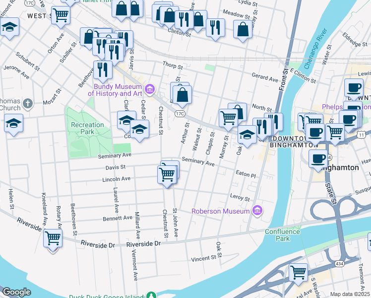 map of restaurants, bars, coffee shops, grocery stores, and more near 11 Arthur Street in Binghamton