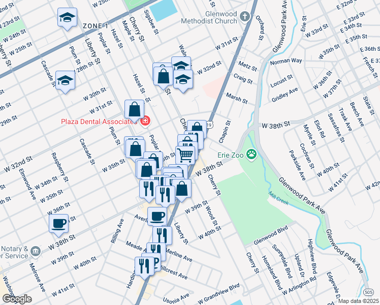 map of restaurants, bars, coffee shops, grocery stores, and more near 3531 Maple Street in Erie