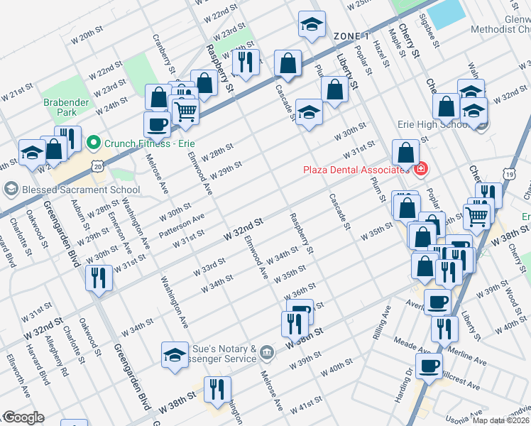 map of restaurants, bars, coffee shops, grocery stores, and more near 1136 West 31st Street in Erie