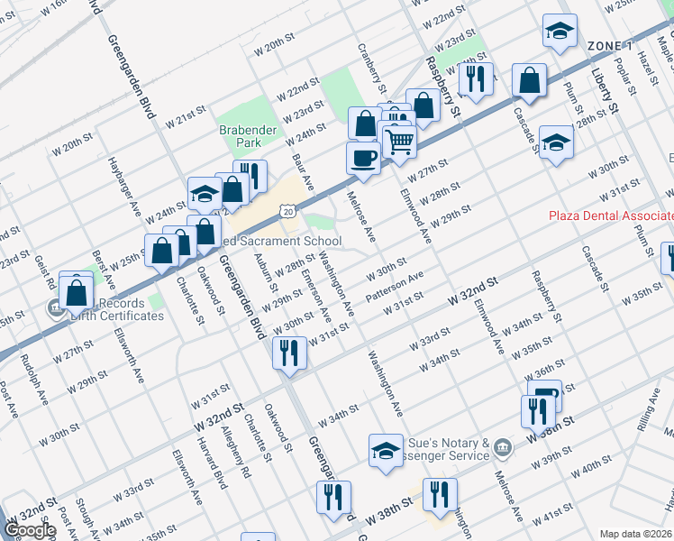 map of restaurants, bars, coffee shops, grocery stores, and more near 1451 Maple Leaf Drive in Erie