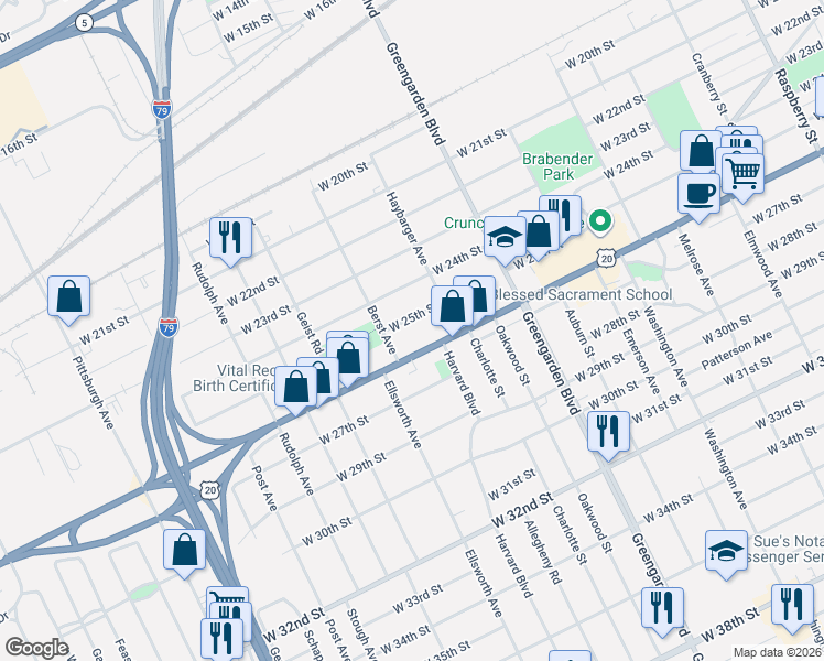 map of restaurants, bars, coffee shops, grocery stores, and more near 1700 West 25th Street in Erie