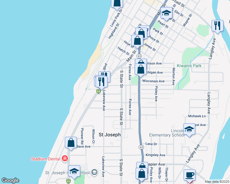 map of restaurants, bars, coffee shops, grocery stores, and more near 543 Winchester Avenue in St. Joseph
