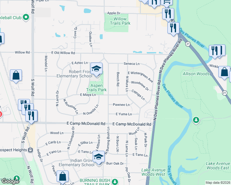map of restaurants, bars, coffee shops, grocery stores, and more near 1707 Beech Road in Mount Prospect
