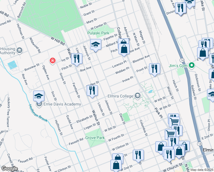 map of restaurants, bars, coffee shops, grocery stores, and more near 915 Davis Street in Elmira