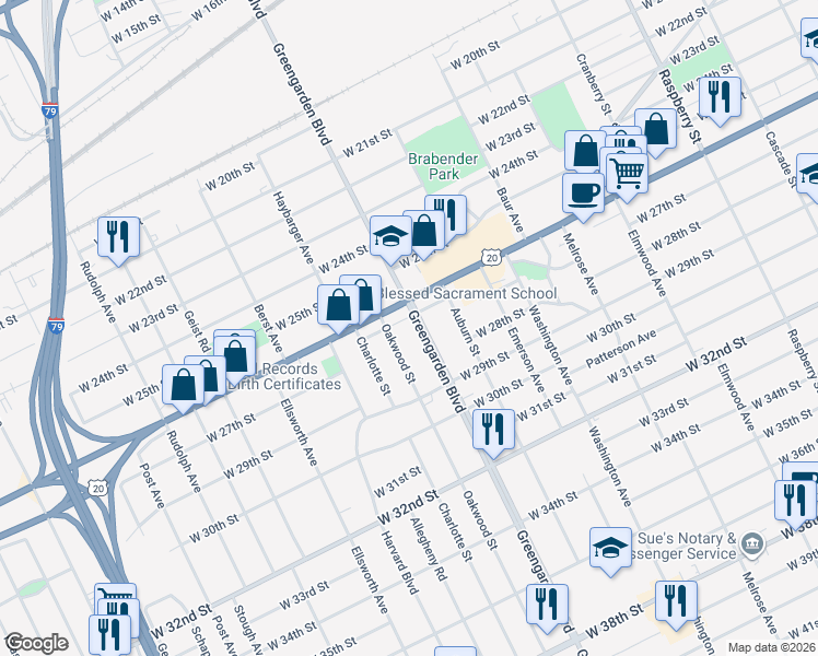 map of restaurants, bars, coffee shops, grocery stores, and more near in Erie