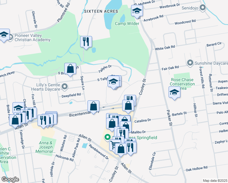 map of restaurants, bars, coffee shops, grocery stores, and more near 180 Cooley Street in Springfield