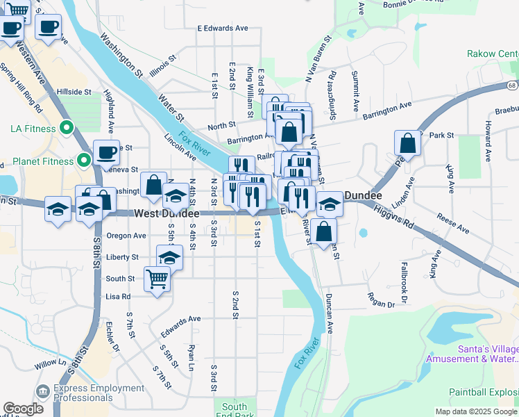 map of restaurants, bars, coffee shops, grocery stores, and more near 107 Water Street in East Dundee