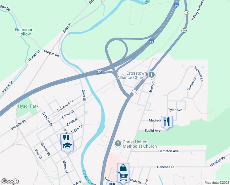 map of restaurants, bars, coffee shops, grocery stores, and more near 107 West Street in Olean