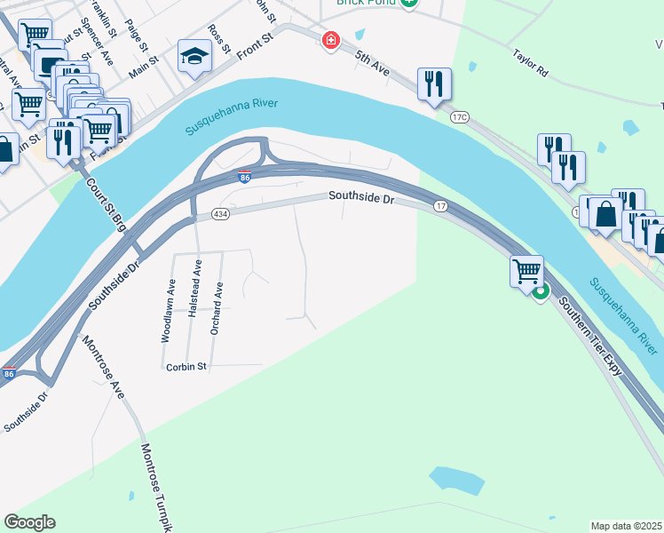map of restaurants, bars, coffee shops, grocery stores, and more near 130A Southside Drive in Owego