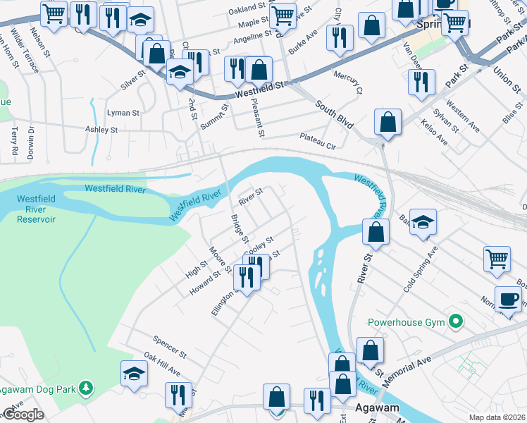 map of restaurants, bars, coffee shops, grocery stores, and more near 25 River Street in Agawam
