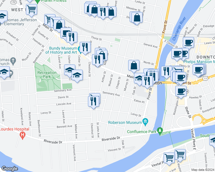 map of restaurants, bars, coffee shops, grocery stores, and more near 55 Walnut Street in Binghamton
