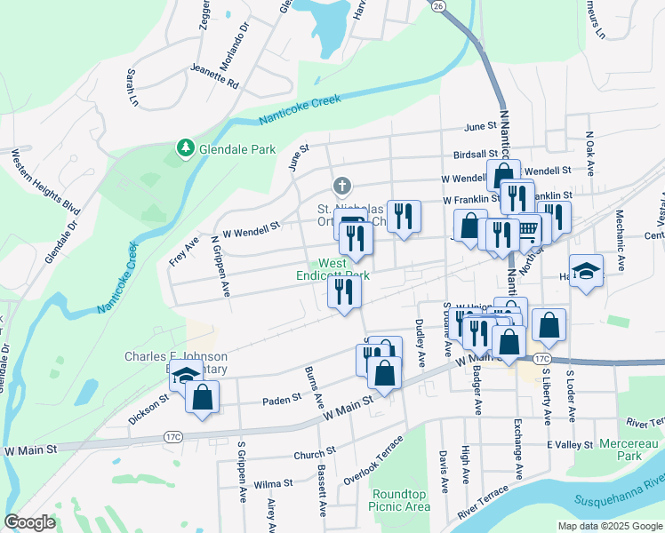 map of restaurants, bars, coffee shops, grocery stores, and more near 525 Maple Street in Endicott