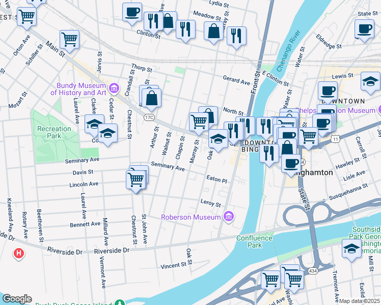 map of restaurants, bars, coffee shops, grocery stores, and more near 103 Murray Street in Binghamton