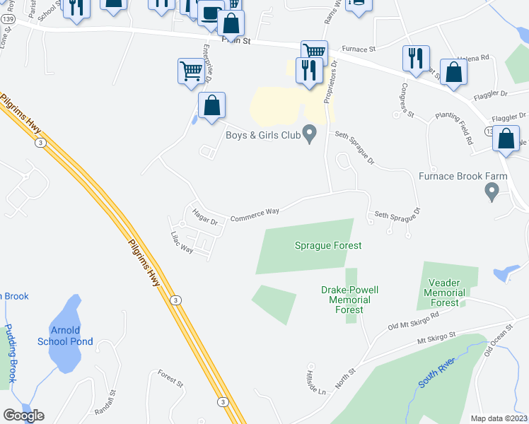 map of restaurants, bars, coffee shops, grocery stores, and more near Commerce Road in Marshfield