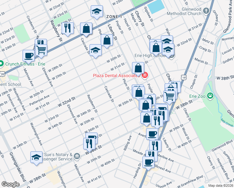 map of restaurants, bars, coffee shops, grocery stores, and more near 937 West 33rd Street in Erie
