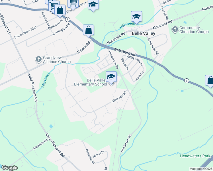 map of restaurants, bars, coffee shops, grocery stores, and more near 5300 Henderson Road in Erie