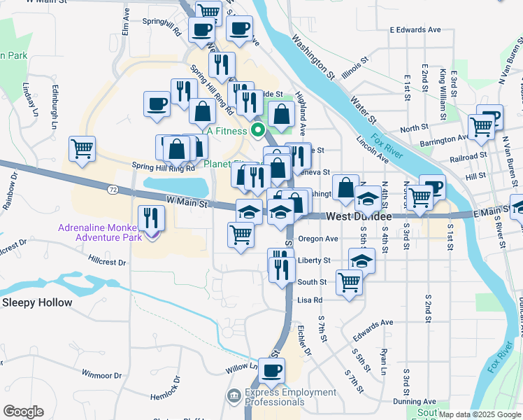 map of restaurants, bars, coffee shops, grocery stores, and more near 818 W Main St in West Dundee