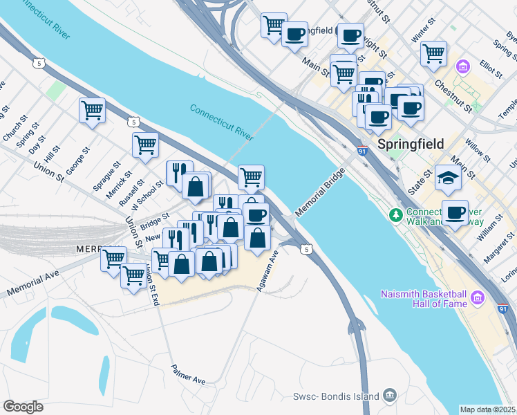 map of restaurants, bars, coffee shops, grocery stores, and more near U.S. 5 in West Springfield