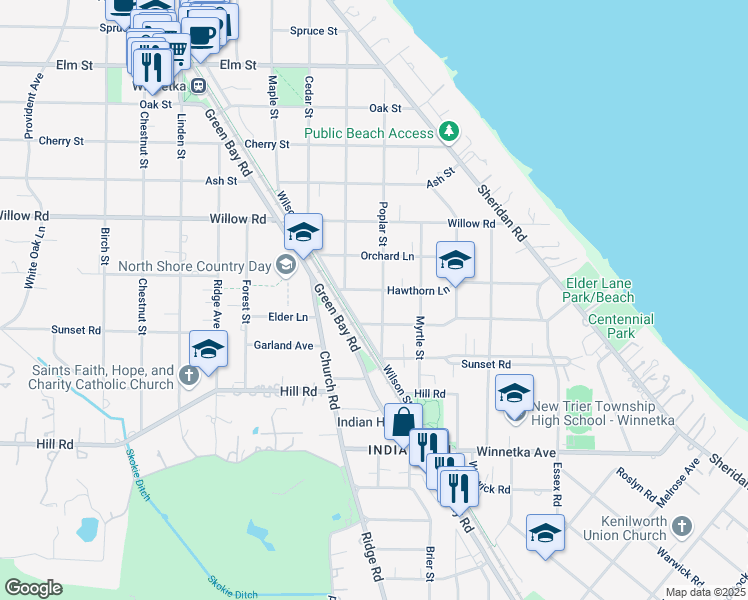 map of restaurants, bars, coffee shops, grocery stores, and more near 571 Hawthorn Lane in Winnetka