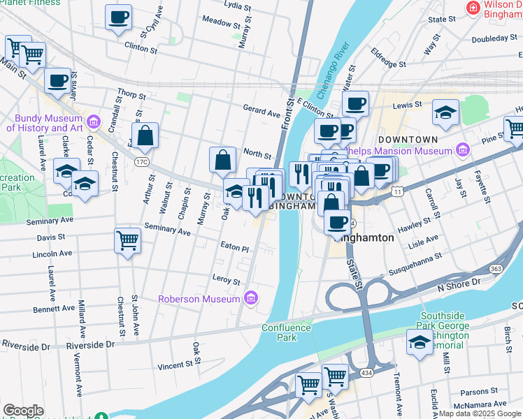 map of restaurants, bars, coffee shops, grocery stores, and more near 93 Front Street in Binghamton