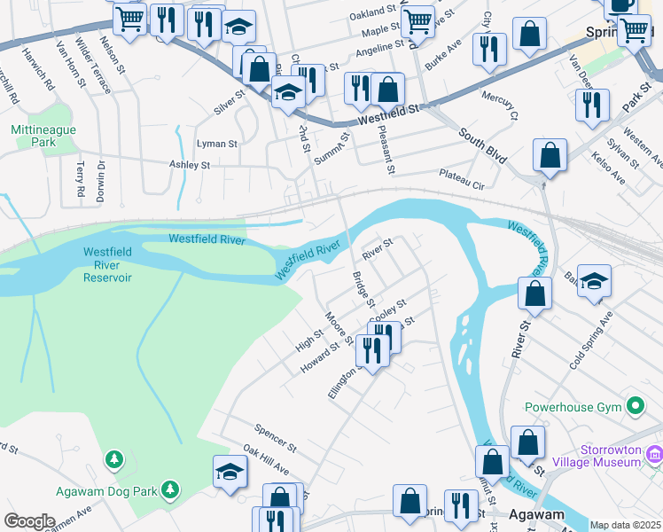 map of restaurants, bars, coffee shops, grocery stores, and more near 20 Valley Street in Agawam