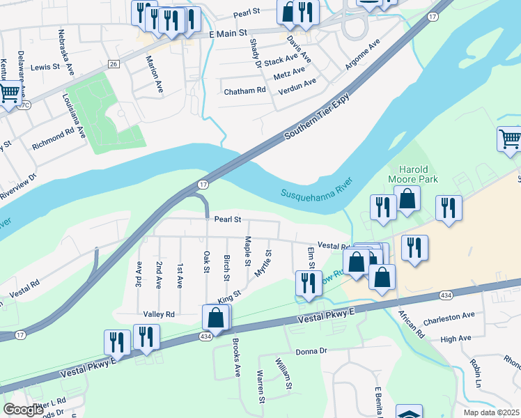 map of restaurants, bars, coffee shops, grocery stores, and more near 1913 Pearl St in Vestal