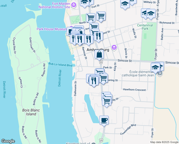 map of restaurants, bars, coffee shops, grocery stores, and more near 130 Pickering Drive in Amherstburg
