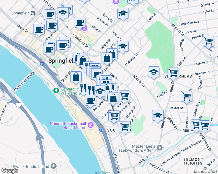 map of restaurants, bars, coffee shops, grocery stores, and more near 50 Winthrop Street in Springfield