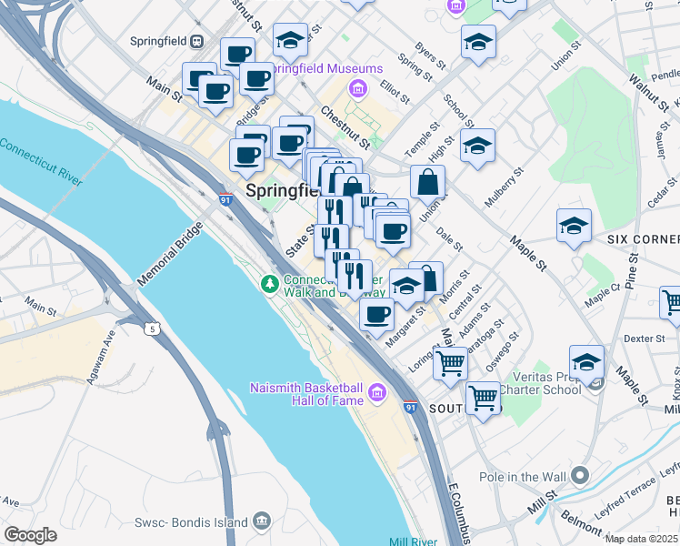 map of restaurants, bars, coffee shops, grocery stores, and more near 24 MGM Way in Springfield