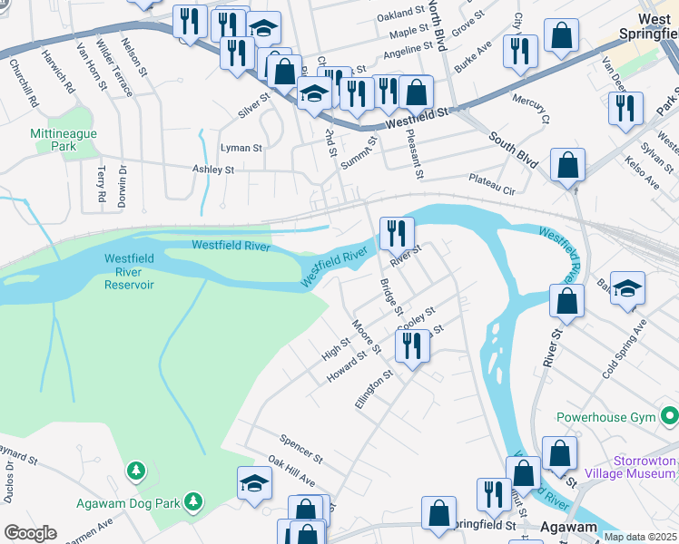 map of restaurants, bars, coffee shops, grocery stores, and more near 20 Valley Street in Agawam