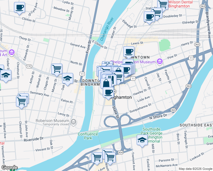 map of restaurants, bars, coffee shops, grocery stores, and more near 47 Court Street in Binghamton