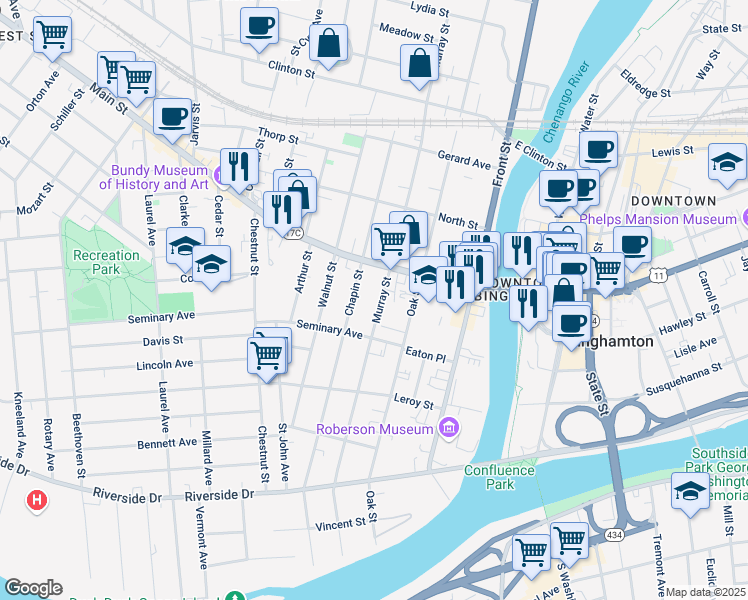 map of restaurants, bars, coffee shops, grocery stores, and more near 139 Chapin Street in Binghamton