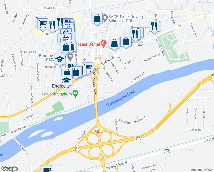 map of restaurants, bars, coffee shops, grocery stores, and more near 407 McKinley Avenue in Endicott