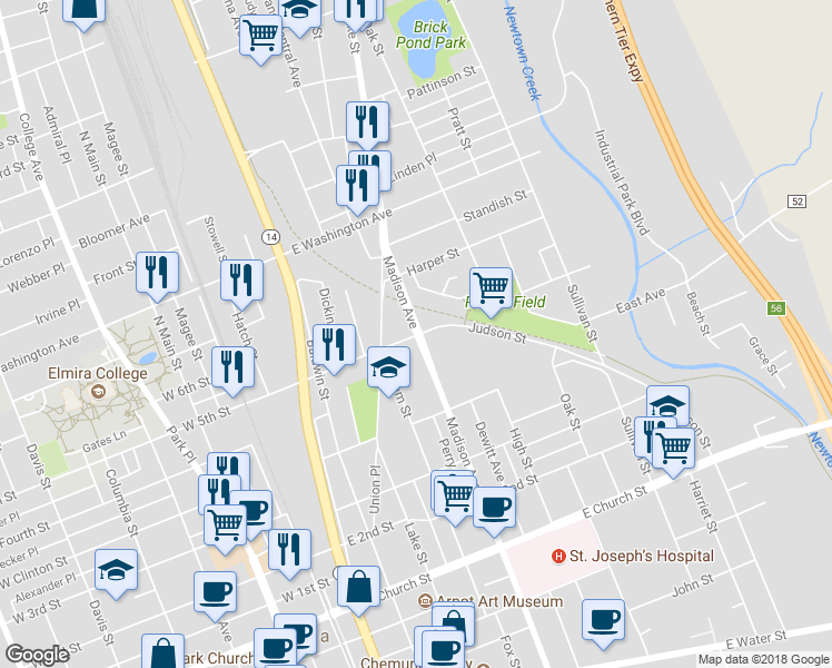 map of restaurants, bars, coffee shops, grocery stores, and more near 683 Madison Avenue in Elmira